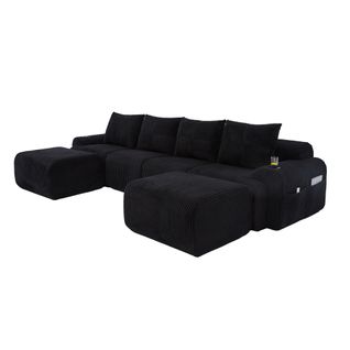 Canapé D'angle Modulable 4 Places 333x174x80 Cm, Canapé En U Avec 2 Repose-pieds, Tissu, Noir
