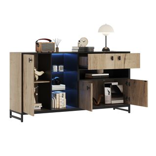 Buffet Moderne 160x40x84,5 Cm, 2 Tiroirs, 3 Portes, LED Et Étagères Ouvertes, Bois, Couleur Bois