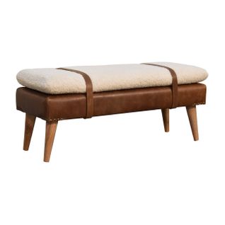 Banc Naturel 90x35x40 Cm, Revêtement Bouclé Et Cuir De Buffle, En Bois Massif, Beige