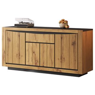 Buffet Salon 140 Cm, 4 Portes + 1 Tiroir, Design Sans Poignée, En Mdf Noir Et Bois