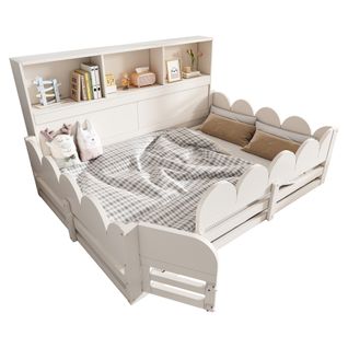 Lit Enfant 140x200 Cm Avec Barrière De Protection Et Étagères De Rangement, Bois, Blanc