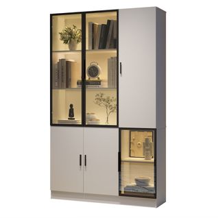 Vitrine 120x35x200 Cm Avec 6 Portes, Éclairage LED, 10 Espaces De Rangement, En Mdf, Blanc