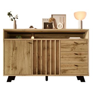 Buffet bois Vintage 120X40X85 Cm 3 Tiroirs, 2 Portes Et Un Espace Ouvert, Mdf,  couleur Chêne Foncé