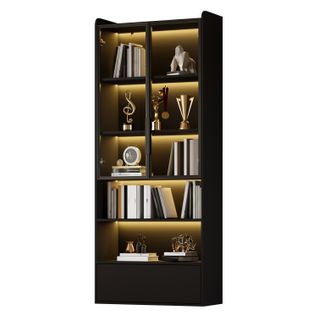 Vitrine 80x34x180 Cm Avec 1 Tiroir, 2 Portes En Verre, LED, Étagères, Mdf, Noir