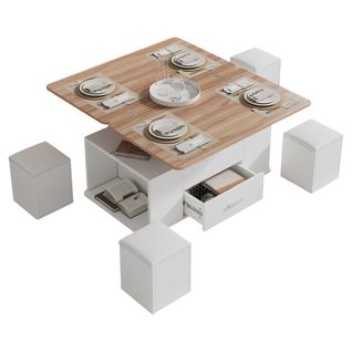 Table Basse Relevable Avec 4 Tabourets, Tiroir, LED, Panneaux De Particules, Blanc Et Naturel
