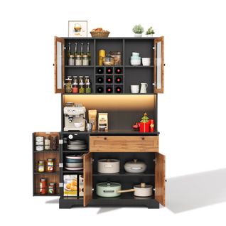 Vitrine LED 105x40x180 Cm, Tiroir, 5 Portes, Étagères Réglables, USB, Porte-condiments, Mdf, Noir