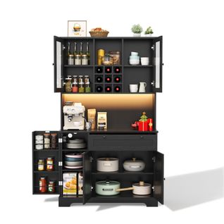 Vitrine LED 105x40x180 Cm, Tiroir, 5 Portes, Étagères Réglables, USB, Porte-condiments, Mdf, Noir