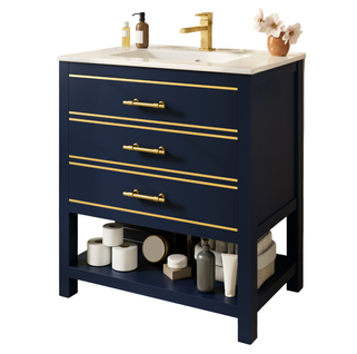 Meuble Lavabo En Mdf Et Vasque En Céramique 66x46,5x86 Cm Avec 2 Tiroirs, Rangement Ouvert, Bleu