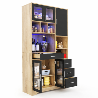 Vitrine LED 100x40x185 Cm, 4 Tiroirs, 5 Portes, Étagères Réglables, USB, Type-c, Mdf, Couleur Bois