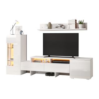Ensemble De Salon: 1 Meuble TV, 1 Armoire Mural, 1 Support Mural, En Panneau De Particules, Blanc