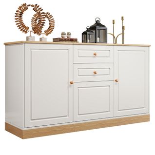 Buffet Moderne 135.5x39x76 Cm Avec 2 Tiroirs, 3 Portes, Poignées Dorées, Panneaux Particules, Blanc