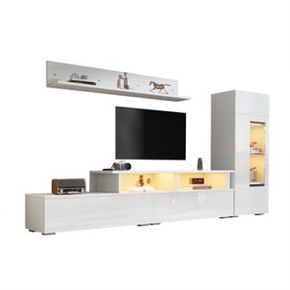 Ensemble Meuble TV Mural, LED, 2 Portes Abattantes, Vitrine, Étagères, Panneaux Particules, Blanc