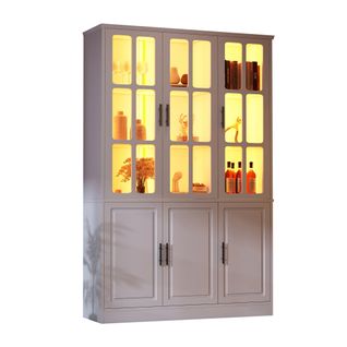Vitrine LED 121,5x41x200 Cm Avec 6 Portes Et Étagères Réglables, Portes Vitrées, Mdf, Blanc