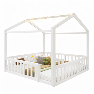 Lit Cabane Enfant 90x190/180x190 Cm Avec LED Et Barrières De Sécurité, Bois, Blanc