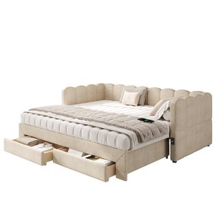 Lit Gigogne Enfant 90x190 Cm Extensible 180 Cm Avec USB Et 2 Tiroirs, Tissu, Beige