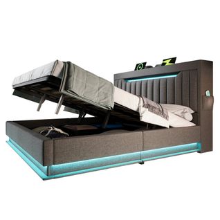 Lit Coffre Adulte 140x190 Cm Avec Rangement , Lit Double Avec LED, USB Et Type-c, Lin, Gris