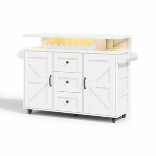 Îlot De Cuisine Mobile 120x42/60x93 Cm Avec 3 Tiroirs, 2 Portes, Plateau Rabattable, Mdf, Blanc