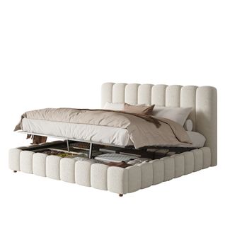 Lit Coffre Adulte 160x200 Cm, Lit Double Avec Tête De Lit Et Rangement, Tissu, Beige