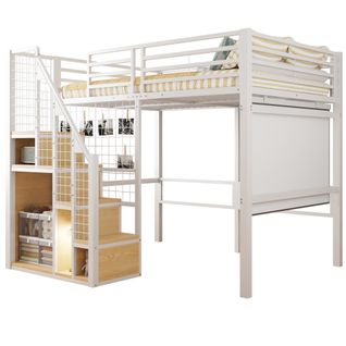 Lit Mezzanine 140x200cm, Avec Rambarde De Sécurité, Rangements, Métal, Blanc + Bois-clair