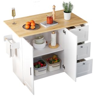 Îlot De Cuisine 135x44/70x90 Cm Avec 3 Tiroirs, 2 Portes, Roulettes, En Mdf, Blanc