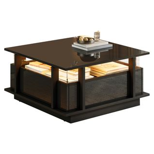 Table Basse Carrée 70x70x35 Cm, LED, 2 Tiroirs, Panneau De Particules, Noir