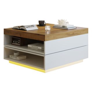 Table Basse Carrée 65x65x40 Cm, Plateau Pivotant 360°, 2 Niches, LED, Mdf, Blanc Et Chêne
