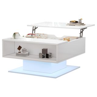 Table Basse 80x75x40/54 Cm, 1 Niche, Plateau Relevable Hydraulique, LED, Blanc