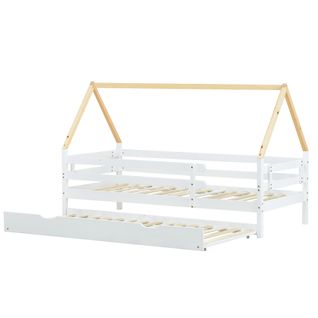 Lit Enfant Cabane 90x200 Cm Avec Lit Gigogne Sur Roulettes En Pin Blanc Naturel