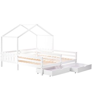 Lit Cabane Enfant 90x200 Cm Avec 2 Tiroirs En Pin Blanc, 2 Couchages Et Barrières De Sécurité