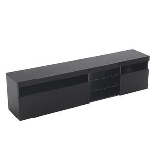 Meuble TV 180cm Noir Laqué LED Avec 3 Portes Et 5 Niches, Étagères Verre, Rangement Idéal