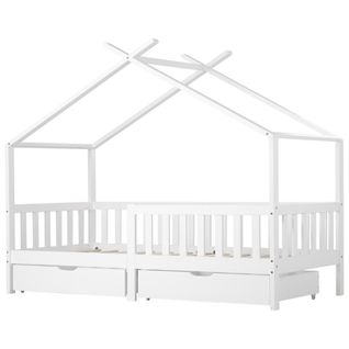 Lit Enfant Cabane 90x200 Cm Avec 2 Tiroirs De Rangement, Pin Blanc, Sommier à Lattes