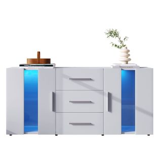 Buffet Bas Blanc 140x35x70 Cm LED Avec 3 Tiroirs De Rangement Et 2 Portes, Étagères En Verre