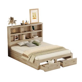 Lit Adulte 160x200 Cm Avec 2 Tiroirs Et 6 Compartiments, Port USB Intégré, Rangement, Bois Naturel