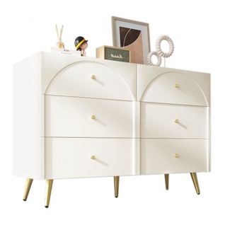 Commode 6 Tiroirs 120x40x85 Cm, Buffet Bois Crème-blanc, Pieds Métal Doré