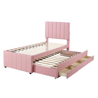 Lit Enfant Gigogne 90x200 Cm Avec 3 Tiroirs Tissu Lin Et Coton Rose, Sommiers à Lattes Et Rangement