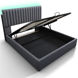 Lit Adulte Coffre 160x200 Cm LED Avec Ports USB/type-c, Rangement, Lin Gris, Sommier à Lattes