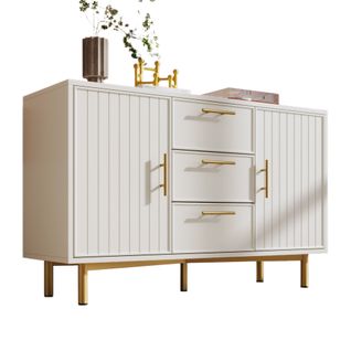 Buffet Blanc Et Métal Doré 2 Portes Et 3 Tiroirs, Étagère Réglable, Rangement Salon/entré