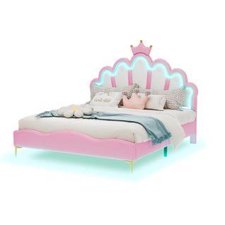 Lit Enfant LED 140x200 Cm Tête De Lit Couronne Princesse, Pu Rose