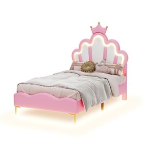 Lit Enfant LED 90x200 Cm Tête De Lit Couronne Princesse, Pu Rose