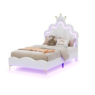Lit Enfant LED 90x200 Cm Tête De Lit Couronne Princesse, Pu Blanc