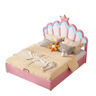 Lit Enfant Coffre 140x200 Cm Princesse Avec LED Et Rangement Hydraulique, Pu Rose