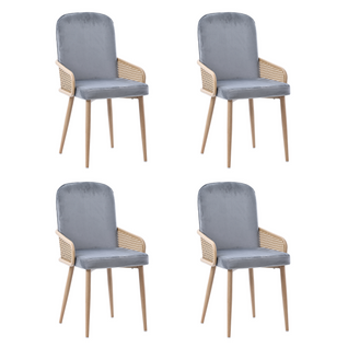 Lot De 4 Chaises En Velours Gris, Design Rotin, Pieds Métal Effet Bois