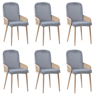 Lot De 6 Chaises Velours Design Rotin, Pieds Métal Effet Bois, Gris