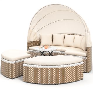 Salon De Jardin Rond 170 Cm En Rotin Beige Avec Table Relevable Et Pare-soleil Pliable