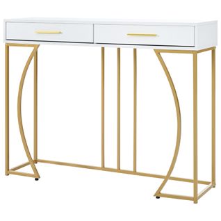 Table D'entrée, Console 110x32x85 Cm, Plateau Blanc Et Pieds Métal Doré, Avec 2 Tiroirs