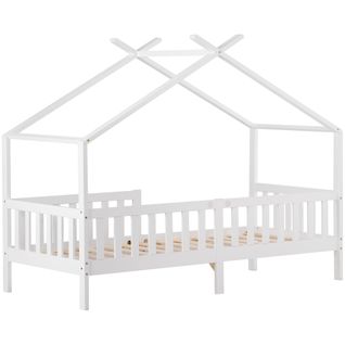 Lit Cabane Enfant 90x200 Cm Avec Rangements, Pin Blanc, Sommier à Lattes