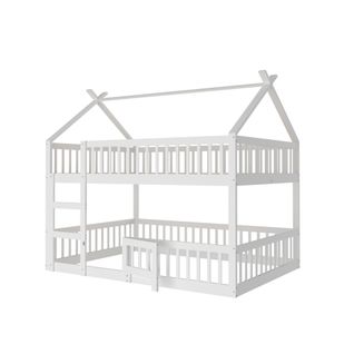 Lit Superposé Enfant 140x200 Cm Avec Porte, Barrières De Sécurité Et Escalier, En Bois Blanc