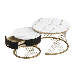 Tables Basses Gigognes 70×70×45 et 50×50×40 Cm Avec Tiroir, Effet Marbre Blanc, Pieds Métal Doré
