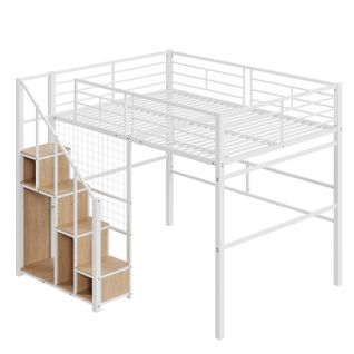 Lit Mezzanine Adulte 140x200 Cm Avec Rangements, Escalier Sécurisé, Métal Blanc