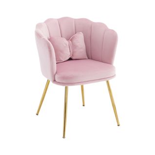 Fauteuil Velours Rose, Dossier Pétale, Coussin Papillon Et Pieds Métal Doré